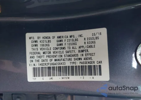 2016 Honda Accord Sport из США, поврежденный, VIN 1HGCR2F58GA206433